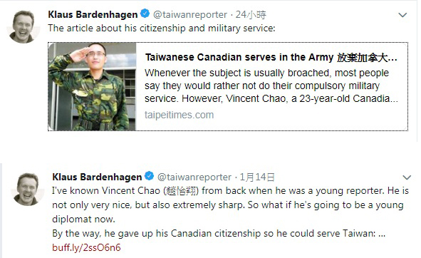在台灣的德國記者Klaus Bardenhagen,也連續在推特發文,大讚口譯哥不只人很好,而且非常sharp(敏銳)。 圖:翻攝Klaus Bardenhagen推特/新頭殼合成 在台灣的德國記者Klaus Bardenhagen,也連續在推特發文,大讚口譯哥不只人很好,而且非常sharp(敏銳)。 圖:翻攝Klaus Bardenhagen推特/新頭殼合成