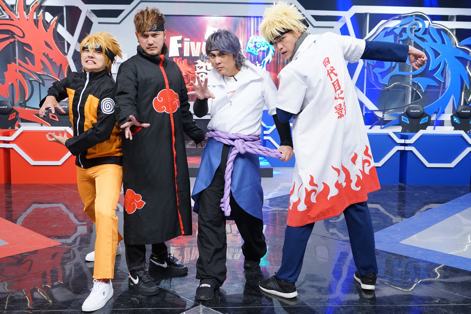 《FIVE鬪!龍虎門》本集大玩「火影忍者」cosplay。左起:曾子余、KID、王仁甫、黃鐙輝。 《FIVE鬪!龍虎門》本集大玩「火影忍者」cosplay。左起:曾子余、KID、王仁甫、黃鐙輝。