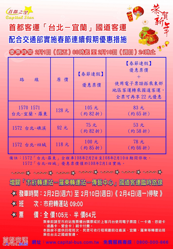 首都客運「台北-宜蘭」國道客運的「108年春節連續假期疏運方案」提供優惠票價。 圖:首都客運提供 首都客運「台北-宜蘭」國道客運的「108年春節連續假期疏運方案」提供優惠票價。 圖:首都客運提供