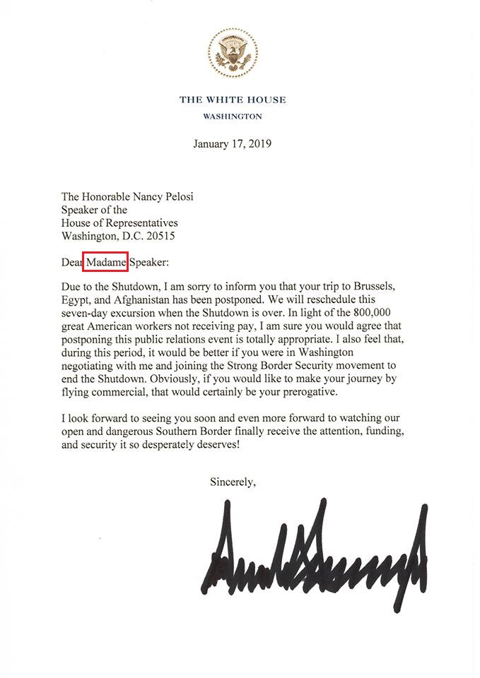 美國白宮臨時發函取消裴洛西率團出訪計畫，一開頭的「Dear Madame Speaker」（紅線處）還拼錯字。   圖：翻攝美國白宮