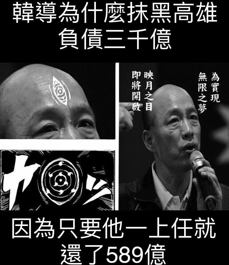 網友製圖嘲諷韓國瑜抹黑高雄負債3千億的不實數據,是為了製造上任就還589億。 圖:PTT網站 網友製圖嘲諷韓國瑜抹黑高雄負債3千億的不實數據,是為了製造上任就還589億。 圖:PTT網站