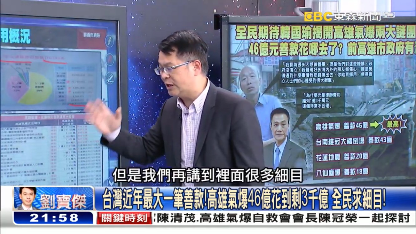 親藍政論節目〈關鍵時刻〉選後仍持續鎖定抨擊前高雄市長陳菊的相關市政議題。這一波是高雄氣爆善款。 圖:翻攝東森電視畫面 親藍政論節目〈關鍵時刻〉選後仍持續鎖定抨擊前高雄市長陳菊的相關市政議題。這一波是高雄氣爆善款。 圖:翻攝東森電視畫面
