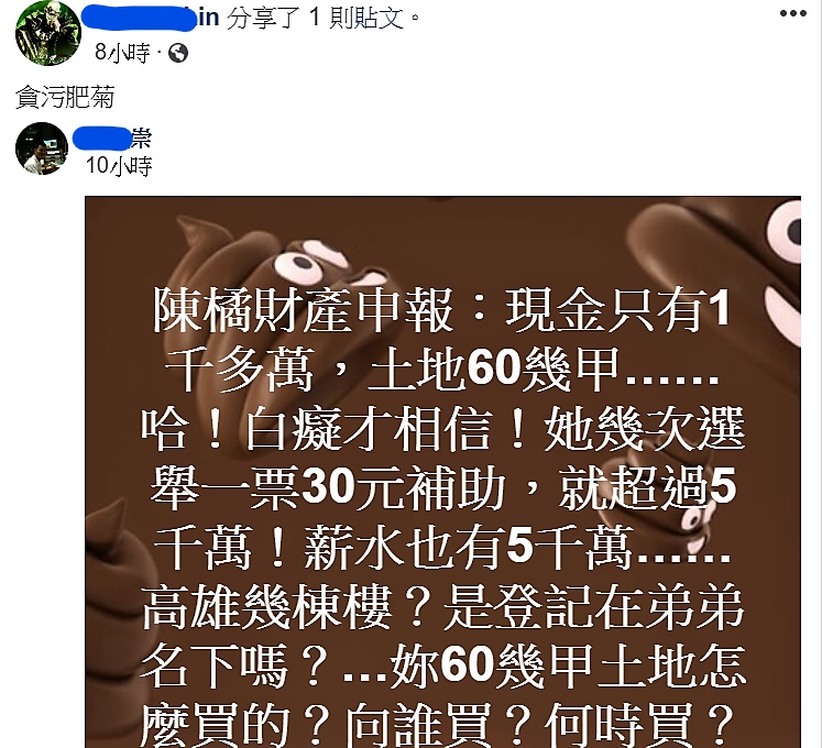 監察院最新財產公告,總統府秘書長陳菊因繼承持有「多年的」農地0.26甲,突遭臉書社群同日出現多則基調一致,目標抹黑陳菊持有農地持分的大字報。 圖:臉書截圖 監察院最新財產公告,總統府秘書長陳菊因繼承持有「多年的」農地0.26甲,突遭臉書社群同日出現多則基調一致,目標抹黑陳菊持有農地持分的大字報。 圖:臉書截圖
