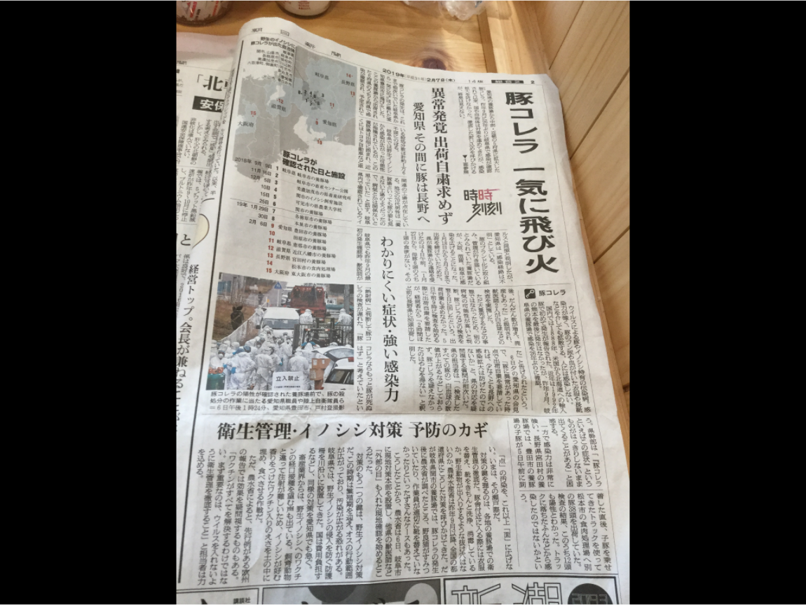 日本今天最震撼的消息是愛知縣豐田市一處養豬場,去年9月就確認的豬瘟,因為繼續銷出仔豬到鄰近府縣,導致大阪府、長野縣、滋賀縣、岐阜縣等也跟著遭殃,目前也在加強檢查中,到今天已撲殺1萬6千頭,也還繼續展開撲殺與消毒,評估至少要撲殺2萬7千頭。圖為朝日新聞。 圖:劉黎兒翻攝 日本今天最震撼的消息是愛知縣豐田市一處養豬場,去年9月就確認的豬瘟,因為繼續銷出仔豬到鄰近府縣,導致大阪府、長野縣、滋賀縣、岐阜縣等也跟著遭殃,目前也在加強檢查中,到今天已撲殺1萬6千頭,也還繼續展開撲殺與消毒,評估至少要撲殺2萬7千頭。圖為朝日新聞。 圖:劉黎兒翻攝