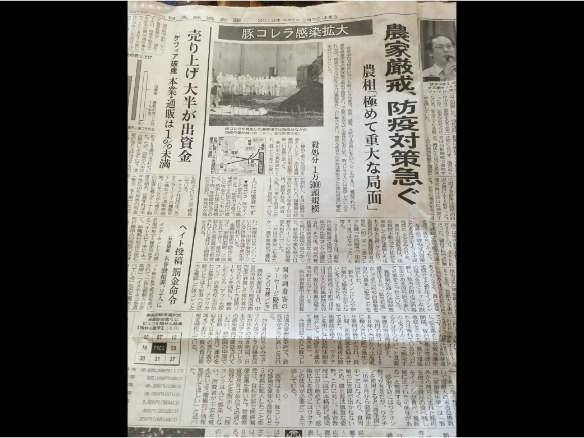 日本今天最震撼的消息是愛知縣豐田市一處養豬場,去年9月就確認的豬瘟,因為繼續銷出仔豬到鄰近府縣,導致大阪府、長野縣、滋賀縣、岐阜縣等也跟著遭殃,目前也在加強檢查中,到今天已撲殺1萬6千頭,也還繼續展開撲殺與消毒,評估至少要撲殺2萬7千頭。圖為日本經濟新聞。 圖:劉黎兒翻攝 日本今天最震撼的消息是愛知縣豐田市一處養豬場,去年9月就確認的豬瘟,因為繼續銷出仔豬到鄰近府縣,導致大阪府、長野縣、滋賀縣、岐阜縣等也跟著遭殃,目前也在加強檢查中,到今天已撲殺1萬6千頭,也還繼續展開撲殺與消毒,評估至少要撲殺2萬7千頭。圖為日本經濟新聞。 圖:劉黎兒翻攝