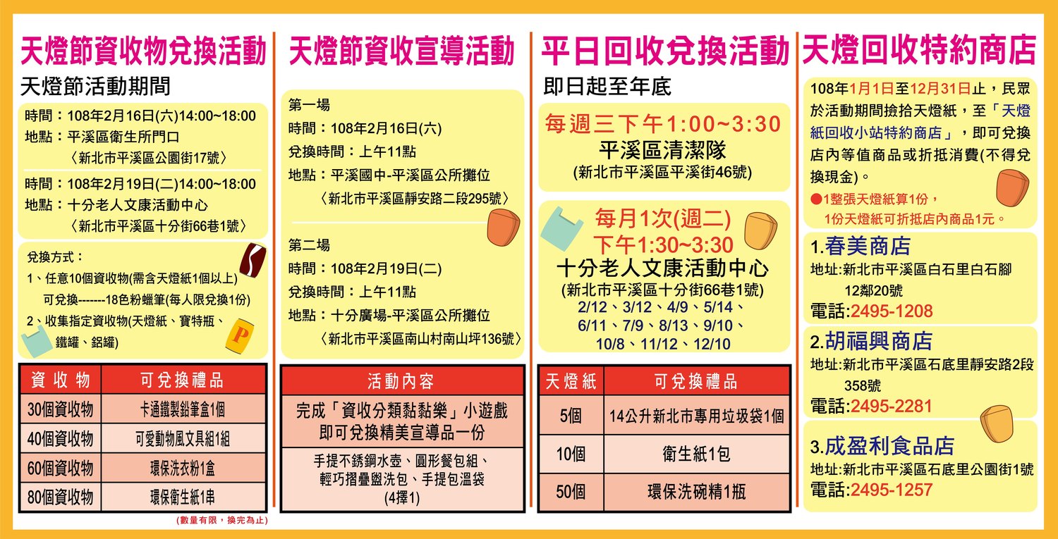 2019年平溪天燈節「祈福做環保-資收兌換及宣導活動」。 圖:新北市政府/提供 2019年平溪天燈節「祈福做環保-資收兌換及宣導活動」。 圖:新北市政府/提供