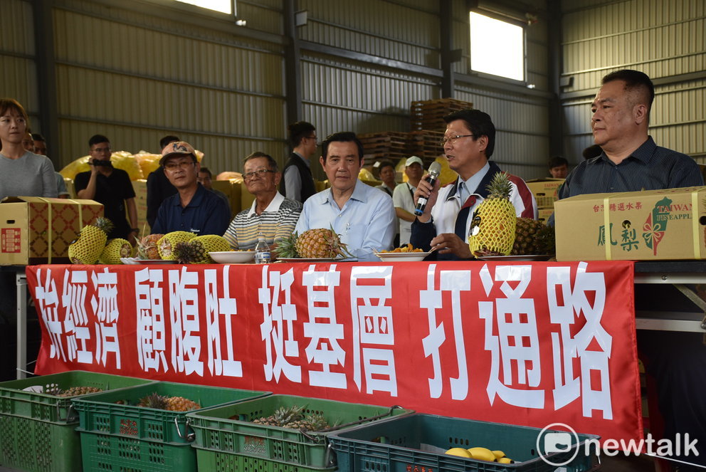 馬英九(右三)、謝龍介(右二)出席「拚經濟-鳳梨裝櫃記者會」。 圖:孫家銘/攝 馬英九(右三)、謝龍介(右二)出席「拚經濟-鳳梨裝櫃記者會」。 圖:孫家銘/攝
