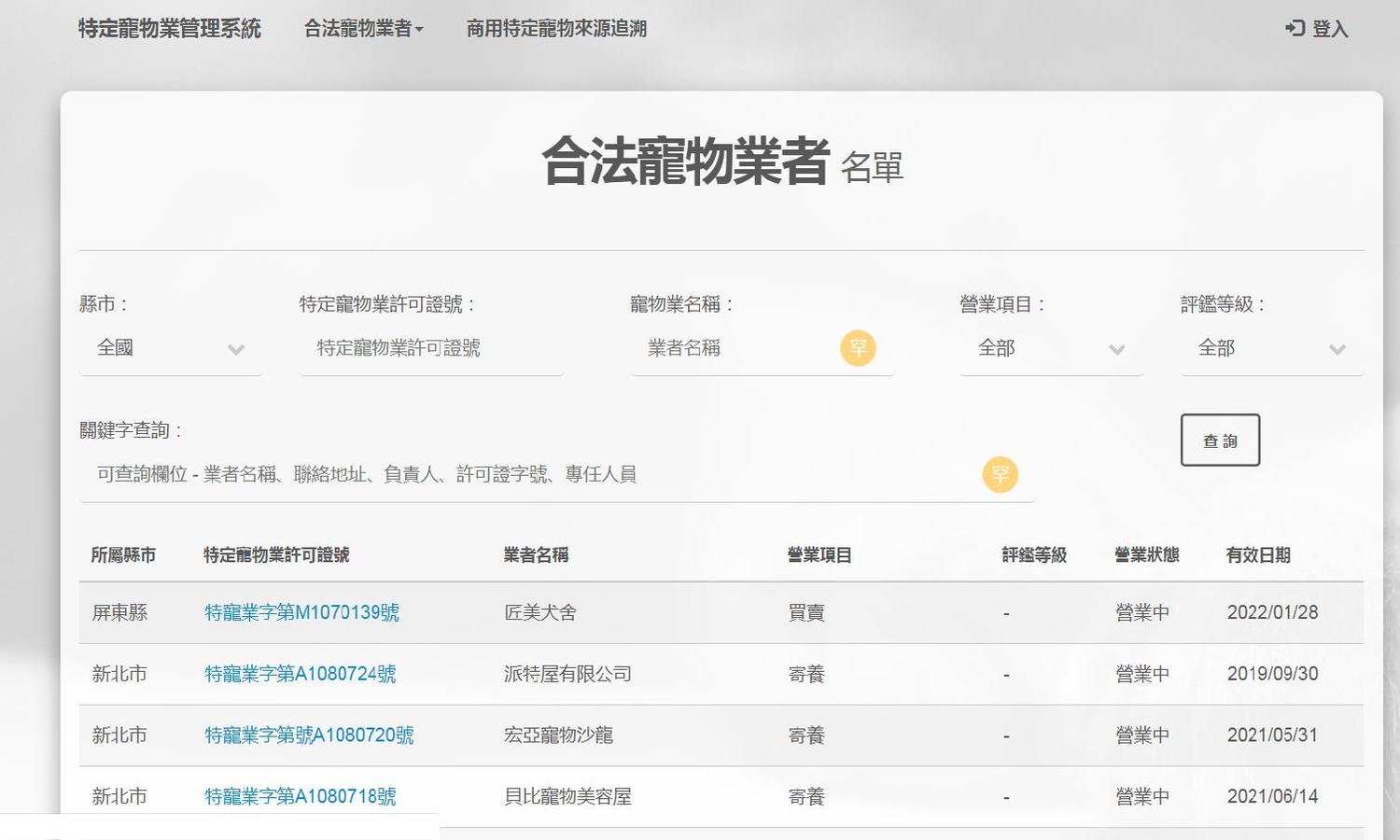 農委會「合法寵物業者」名單,民眾可自行查詢寵物業者是否合法。 圖:新北市動保處/提供 農委會「合法寵物業者」名單,民眾可自行查詢寵物業者是否合法。 圖:新北市動保處/提供