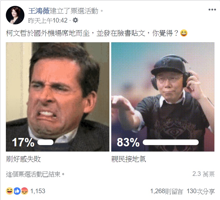 國民黨台北市議員王鴻薇,針對柯文哲於國外機場席地而坐充電,並在臉書貼文,在個人臉書粉專開啟投票。 圖:翻攝自王鴻薇臉書 國民黨台北市議員王鴻薇,針對柯文哲於國外機場席地而坐充電,並在臉書貼文,在個人臉書粉專開啟投票。 圖:翻攝自王鴻薇臉書
