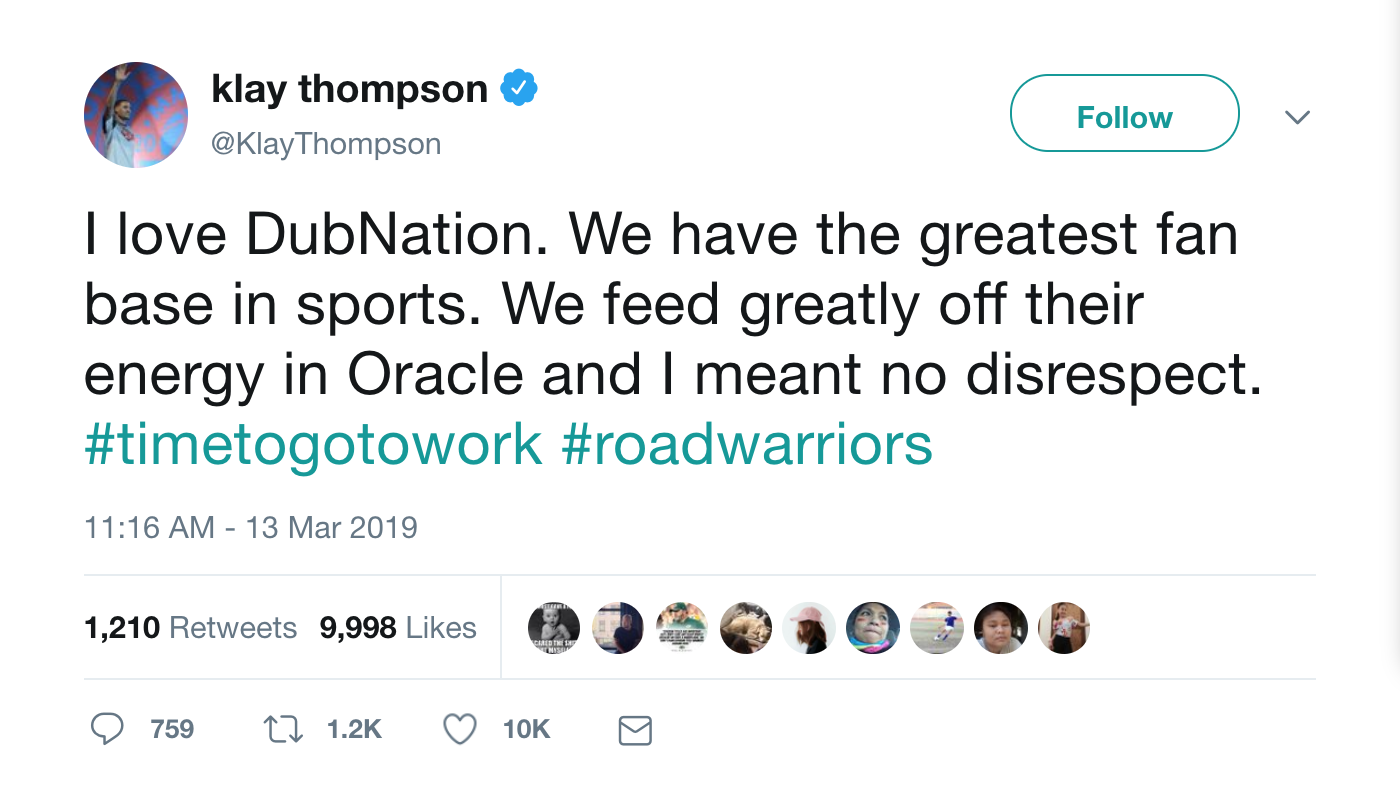 「湯神」 Klay Thompson 推文道歉。 圖:翻攝自推特 「湯神」 Klay Thompson 推文道歉。 圖:翻攝自推特