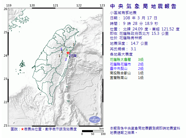 今(17)日9時28分花蓮發生規模3.1小區域有感地震 圖:截自中央氣象局 今(17)日9時28分花蓮發生規模3.1小區域有感地震 圖:截自中央氣象局