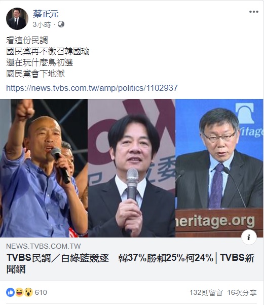 高雄市長韓國瑜在媒體最新出爐的民調中仍領先,國民黨前立委蔡正元痛批,國民黨再不徵召韓國瑜會下地獄。 圖:翻攝蔡正元臉書 高雄市長韓國瑜在媒體最新出爐的民調中仍領先,國民黨前立委蔡正元痛批,國民黨再不徵召韓國瑜會下地獄。 圖:翻攝蔡正元臉書