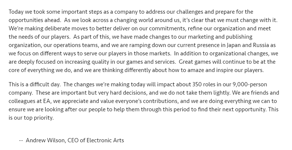 美商藝電 CEO Andrew Wilson 聲明全文