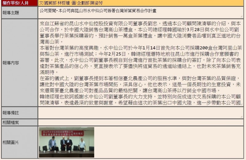 韓國瑜擔任北農總經理時,與江蘇省的昆山水中仙控股投資有限公司簽署MOU新聞稿。 圖:翻攝台北農產運銷股份有限公司 韓國瑜擔任北農總經理時,與江蘇省的昆山水中仙控股投資有限公司簽署MOU新聞稿。 圖:翻攝台北農產運銷股份有限公司