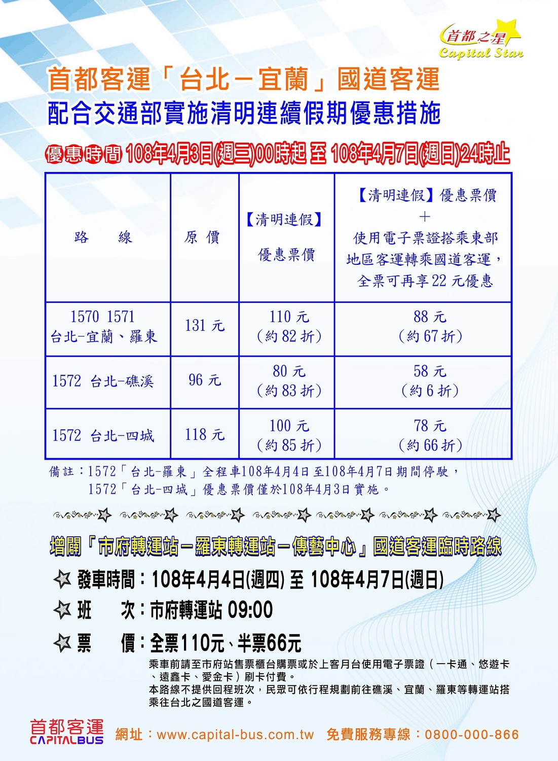 108年清明連假-北宜線優惠票價。 圖:首都客運提供 108年清明連假-北宜線優惠票價。 圖:首都客運提供