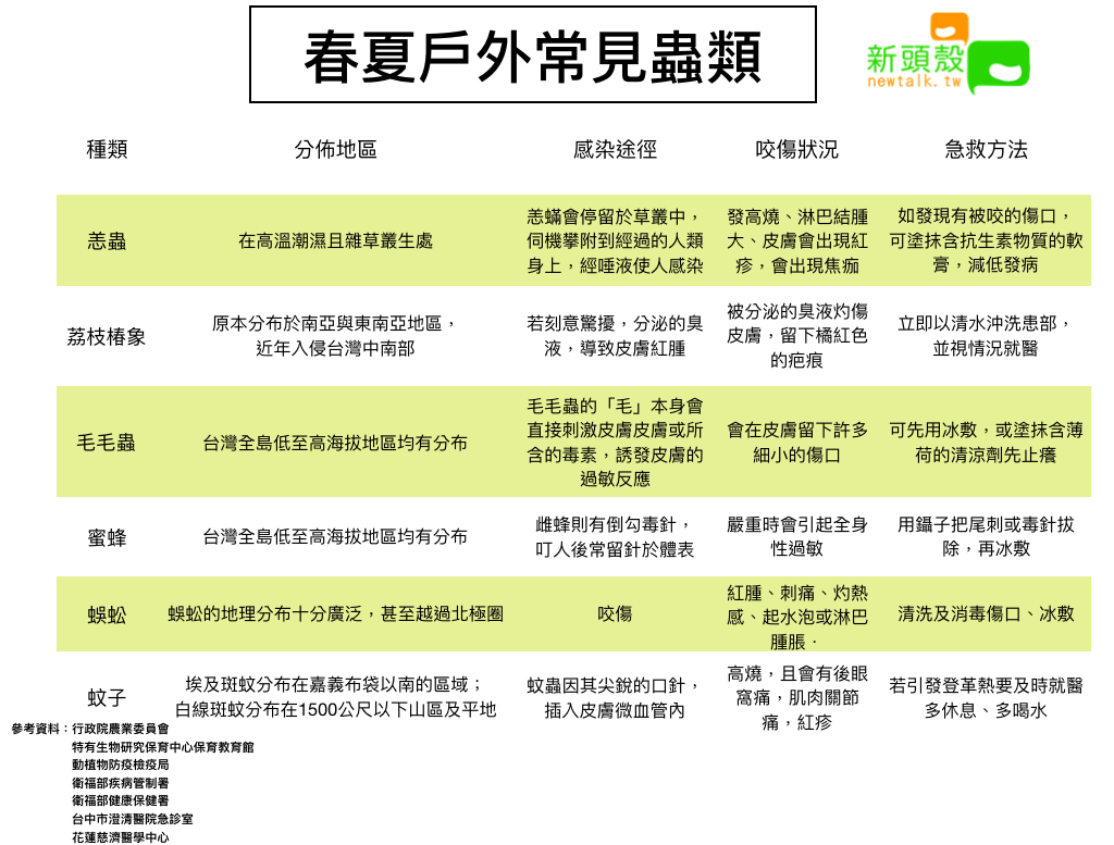春夏戶外常見蟲類 圖:新頭殼/製表 春夏戶外常見蟲類 圖:新頭殼/製表