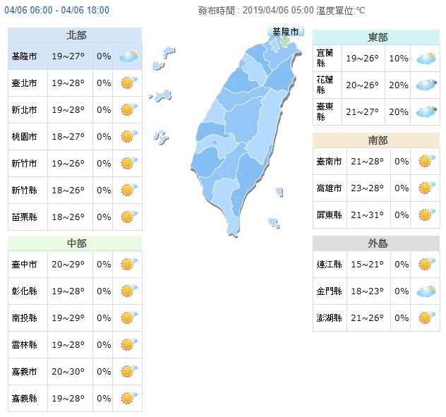 今天各地多為多雲到晴的天氣,適合出遊。 圖/氣象局 今天各地多為多雲到晴的天氣,適合出遊。 圖/氣象局