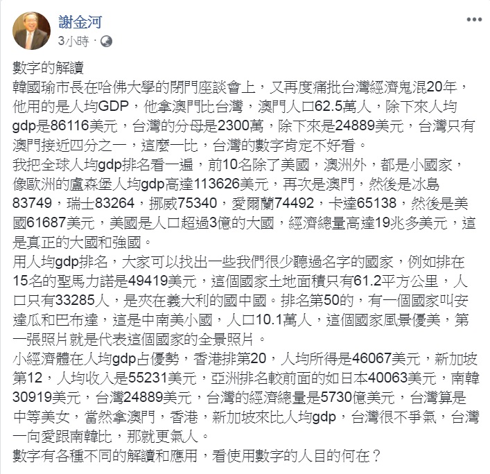 財訊傳媒董事長謝金河16日在臉書撰文「數字的解讀」,對「台灣經濟鬼混20年」提出不同解讀,意有所指點出:「數字有各種不同的解讀和應用,看使用數字的人目的何在?」 圖:翻攝謝金河臉書 財訊傳媒董事長謝金河16日在臉書撰文「數字的解讀」,對「台灣經濟鬼混20年」提出不同解讀,意有所指點出:「數字有各種不同的解讀和應用,看使用數字的人目的何在?」 圖:翻攝謝金河臉書