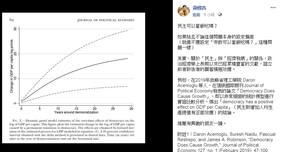 X軸為「民主化時間」;Y軸為「人均GDP」,圖中清楚可見民主與人均GDP是呈現正面關係,越民主就能產生越高的GDP。 圖:擷自黃國昌臉書 X軸為「民主化時間」;Y軸為「人均GDP」,圖中清楚可見民主與人均GDP是呈現正面關係,越民主就能產生越高的GDP。 圖:擷自黃國昌臉書