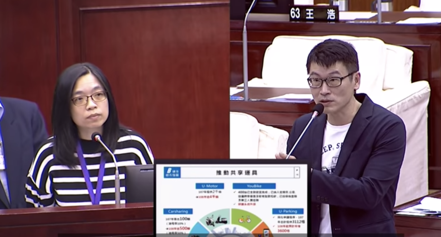 台北市議員梁文傑(右)質疑,北市府和WeMo並沒簽署任何行政契約,也沒收權利金,WeMo完全就只是家私人公司,北市府卻派熊讚、學姐拍廣告。 圖:翻攝議會直播影片 台北市議員梁文傑(右)質疑,北市府和WeMo並沒簽署任何行政契約,也沒收權利金,WeMo完全就只是家私人公司,北市府卻派熊讚、學姐拍廣告。 圖:翻攝議會直播影片