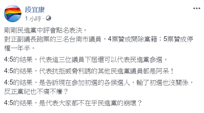 民進黨立委段宜康不滿地在臉書批評,「這個結果是代表大家都不在乎民進黨的崩壞?」 圖:擷自段宜康臉書 民進黨立委段宜康不滿地在臉書批評,「這個結果是代表大家都不在乎民進黨的崩壞?」 圖:擷自段宜康臉書