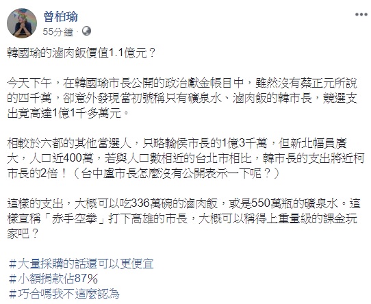 曾代表時代力量參選新北市議員的曾柏瑜認為,韓國瑜所公布的政治獻金冠六都,難道韓國瑜的滷肉飯價值1.1億元? 圖:擷取自曾柏瑜臉書 曾代表時代力量參選新北市議員的曾柏瑜認為,韓國瑜所公布的政治獻金冠六都,難道韓國瑜的滷肉飯價值1.1億元? 圖:擷取自曾柏瑜臉書