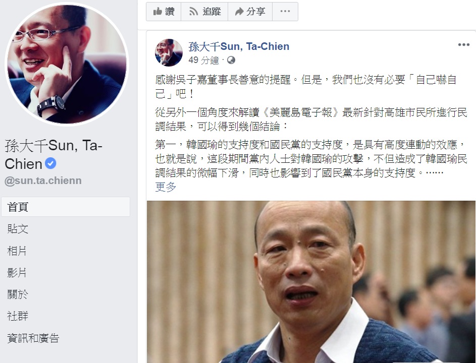 國民黨前立委孫大千臉書PO文,從「另外一個角度解讀」韓國瑜在主政的高雄輸給蔡賴,說:「沒有必要自己嚇自己」。 圖:翻攝孫大千Sun, Ta-Chien臉書 國民黨前立委孫大千臉書PO文,從「另外一個角度解讀」韓國瑜在主政的高雄輸給蔡賴,說:「沒有必要自己嚇自己」。 圖:翻攝孫大千Sun, Ta-Chien臉書