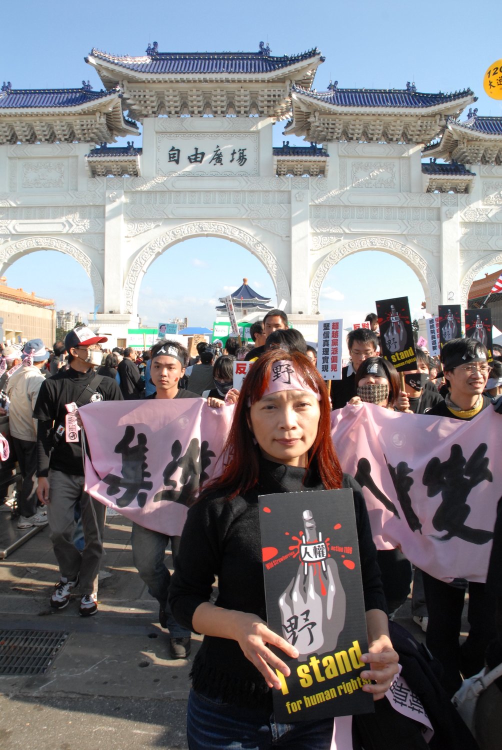太陽花學運領袖魏揚的母親楊翠（時任東華大學教授）也站在中正紀念堂自由廣場前，手舉「I stand for human rights!（我支持人權）」的牌子。  （圖：邱萬興/攝影）