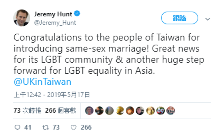 杭特為台灣通過同志婚姻專法感到開心。 圖:擷自推特 杭特為台灣通過同志婚姻專法感到開心。 圖:擷自推特