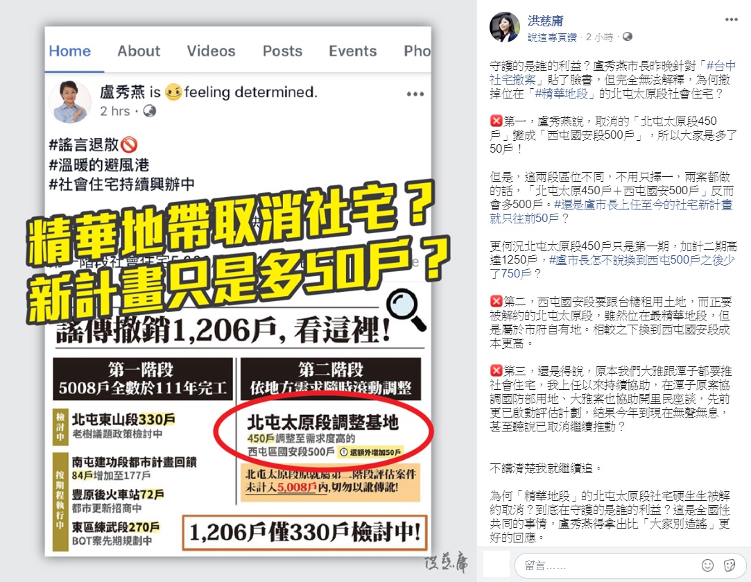 時代力量立委洪慈庸質疑,盧秀燕昨晚針對「台中社宅撤案」貼了臉書,但完全無法解釋,為何撤掉位在「精華地段」的北屯太原段社會住宅。 圖:翻攝自洪慈庸臉書 時代力量立委洪慈庸質疑,盧秀燕昨晚針對「台中社宅撤案」貼了臉書,但完全無法解釋,為何撤掉位在「精華地段」的北屯太原段社會住宅。 圖:翻攝自洪慈庸臉書