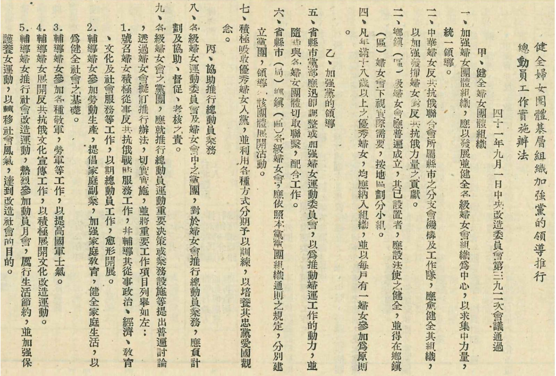 黨產會公布最新史料,國民黨曾在1950年代時通過「健全婦女團體基層組織加強黨的領導推行總動員工作實施辦法」,推動健全組織,加強發揮婦女「反共抗俄」的力量。 圖:翻攝自不當黨產處理委員會官網 黨產會公布最新史料,國民黨曾在1950年代時通過「健全婦女團體基層組織加強黨的領導推行總動員工作實施辦法」,推動健全組織,加強發揮婦女「反共抗俄」的力量。 圖:翻攝自不當黨產處理委員會官網