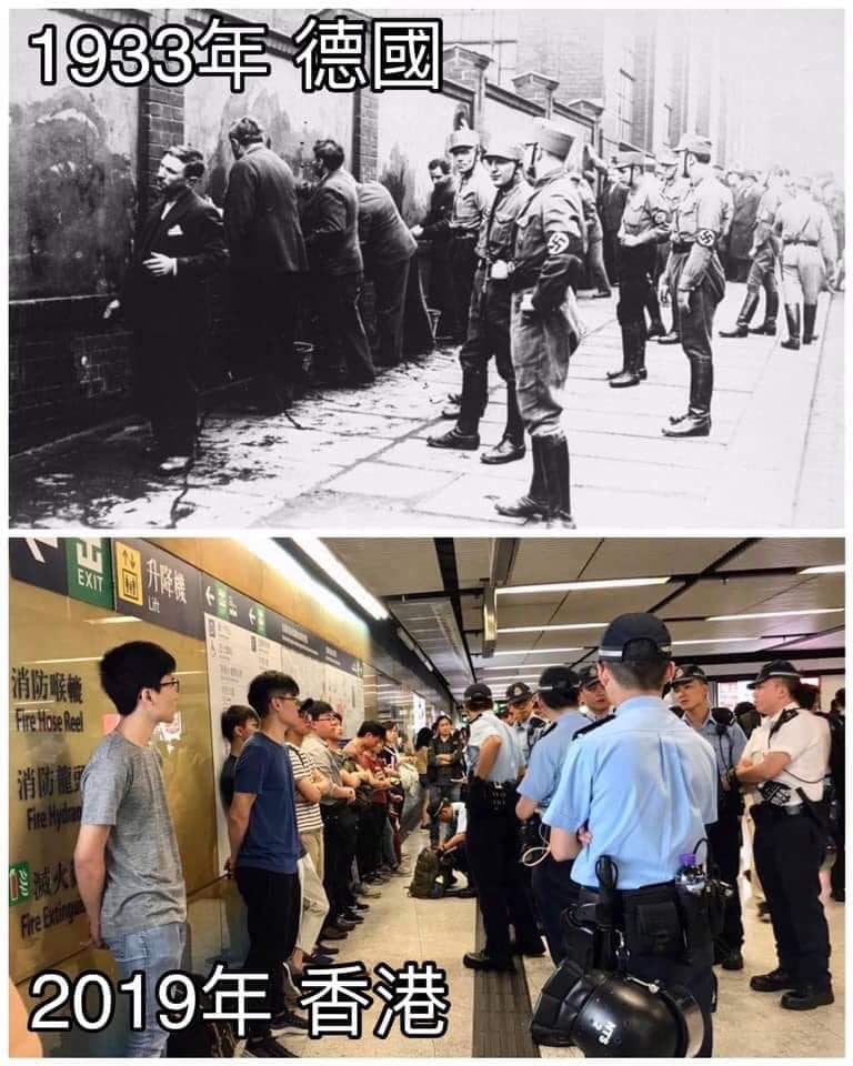黃創夏合成1933年納粹軍人和2019年香港警察壓制民眾的畫面,文字則「超酸」註解:如果那個「不知道丶不曉得」,牽涉到「中聯辦」就會「頭昏」的人當總統…就要再加「2020年 台灣」的照片了! 圖:翻攝黃創夏臉書 黃創夏合成1933年納粹軍人和2019年香港警察壓制民眾的畫面,文字則「超酸」註解:如果那個「不知道丶不曉得」,牽涉到「中聯辦」就會「頭昏」的人當總統…就要再加「2020年 台灣」的照片了! 圖:翻攝黃創夏臉書
