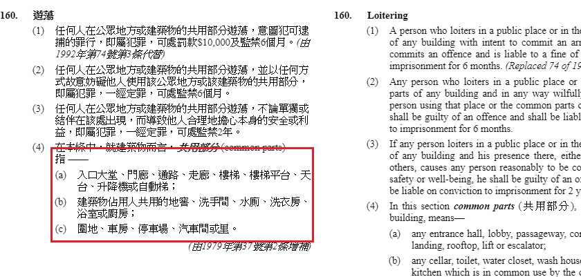 根據網友找出的香港關於「遊蕩罪」的條文中,共用部分範圍相當大。 圖:翻攝自電子版《香港法例》 根據網友找出的香港關於「遊蕩罪」的條文中,共用部分範圍相當大。 圖:翻攝自電子版《香港法例》