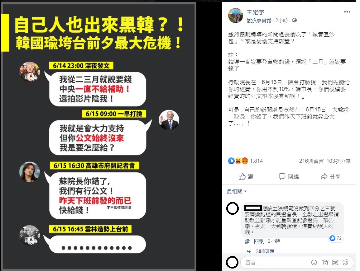 針對高雄市府在申請登革熱防疫經費上與中央發生摩擦,王淺秋因此替韓國瑜打抱不平,引起外界討論。而王定宇今日卻在臉書上指出,韓國瑜和王淺秋在登革熱議題上論調有出入,懷疑其實真正黑韓的人是王淺秋。 圖:翻攝自王定宇臉書