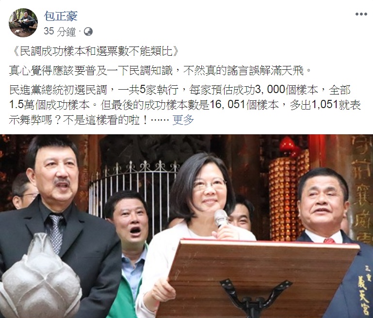 對於有人質疑民進黨總統初選民調多出1051個樣本「有鬼」,包正豪18日在臉書表示,「民調成功樣本和選票數不能類比」。 圖:翻攝包正豪臉書 對於有人質疑民進黨總統初選民調多出1051個樣本「有鬼」,包正豪18日在臉書表示,「民調成功樣本和選票數不能類比」。 圖:翻攝包正豪臉書