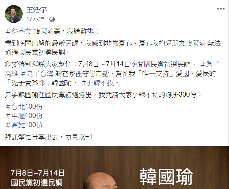 王浩宇在臉書發祭品文,強調「韓國瑜贏,我請雞排!」 圖:翻攝自王浩宇臉書 王浩宇在臉書發祭品文,強調「韓國瑜贏,我請雞排!」 圖:翻攝自王浩宇臉書