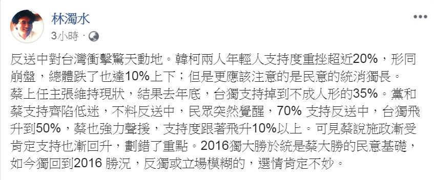 台獨理論大師林濁水27日臉書發文,從數字解讀民意的「統消獨長」。 圖:翻攝林濁水臉書 台獨理論大師林濁水27日臉書發文,從數字解讀民意的「統消獨長」。 圖:翻攝林濁水臉書