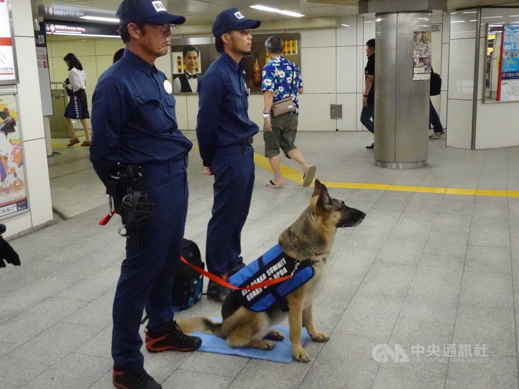 20國集團(G20)峰會28日在日本大阪登場,峰會前後,日本出動3萬2000名警力維安,有些車站可看到警員和警犬。 圖/中央社 20國集團(G20)峰會28日在日本大阪登場,峰會前後,日本出動3萬2000名警力維安,有些車站可看到警員和警犬。 圖/中央社