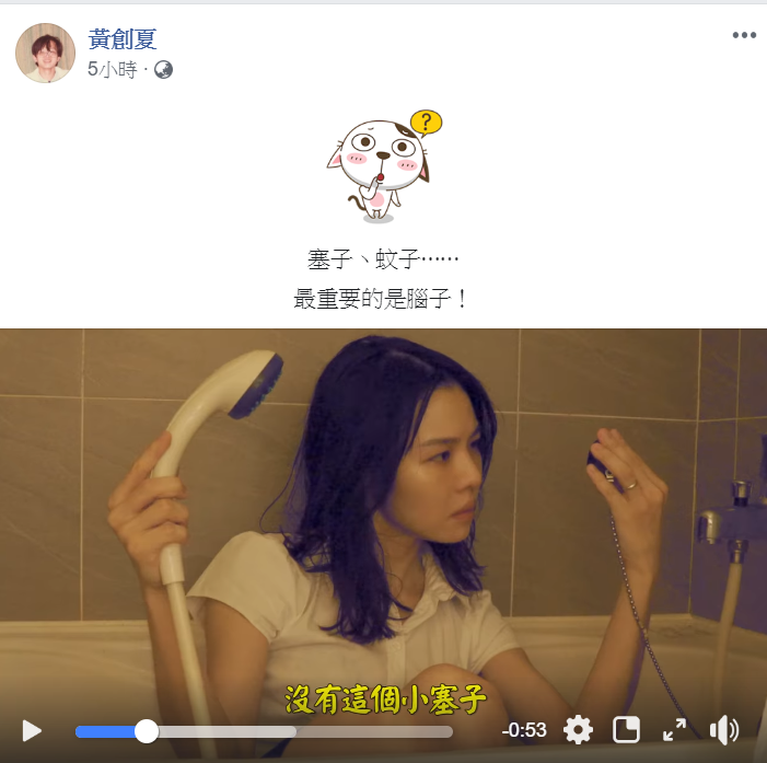 黃創夏轉貼影片,眉批「塞子、蚊子…最重要的是腦子!」 圖:翻攝黃創夏臉書 黃創夏轉貼影片,眉批「塞子、蚊子…最重要的是腦子!」 圖:翻攝黃創夏臉書