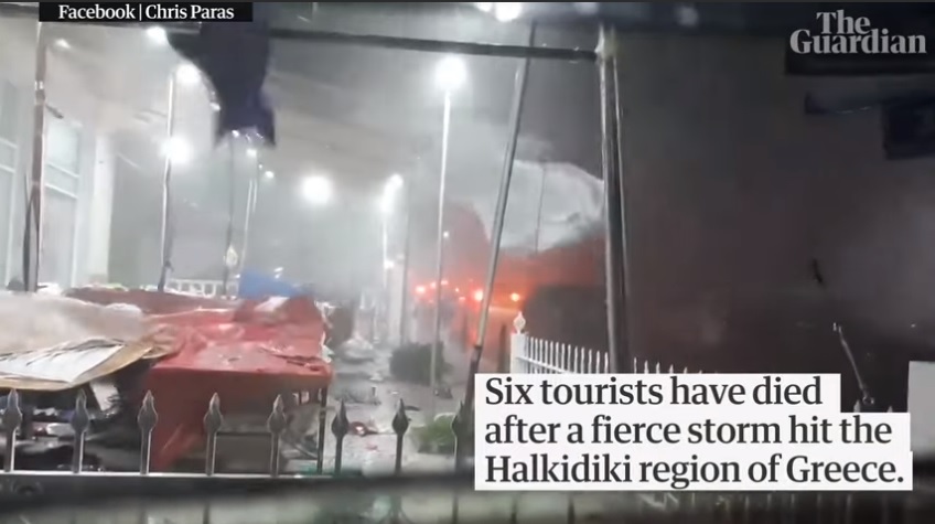 希臘北部10日遭到強風、豪雨、冰雹侵襲,造成6名外國遊客死亡、超過100人受傷。 圖:翻攝Youtube 希臘北部10日遭到強風、豪雨、冰雹侵襲,造成6名外國遊客死亡、超過100人受傷。 圖:翻攝Youtube
