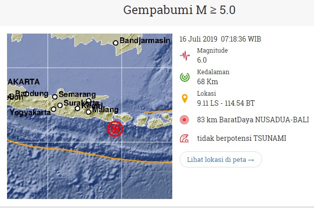 印尼地震局發布峇里島6.0強震消息,震央離島上最大城市登帕薩約88公里處。 圖:翻攝自印尼地震局 印尼地震局發布峇里島6.0強震消息,震央離島上最大城市登帕薩約88公里處。 圖:翻攝自印尼地震局