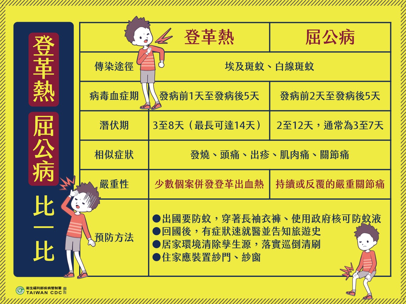 登革熱、屈公病比一比。 圖:疾管署/提供 登革熱、屈公病比一比。 圖:疾管署/提供