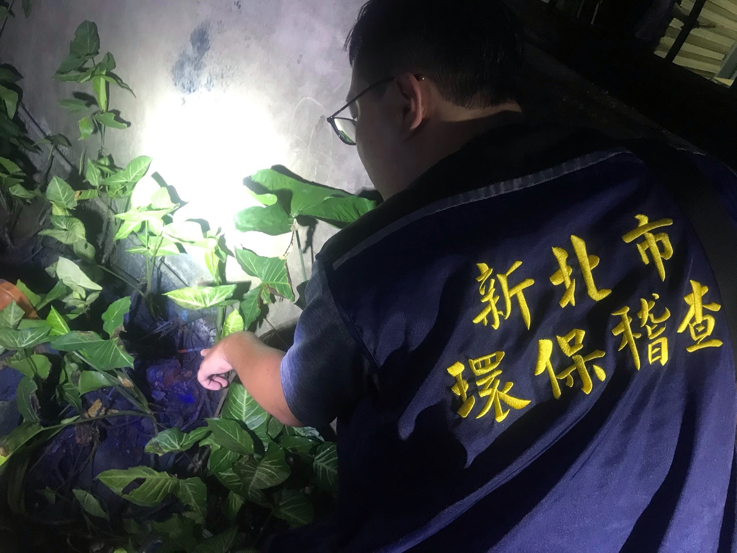 稽查員鍥而不捨沿防火巷水路全面搜查,終於發現藍色廢液殘跡。 圖:新北市環保局提供 稽查員鍥而不捨沿防火巷水路全面搜查,終於發現藍色廢液殘跡。 圖:新北市環保局提供