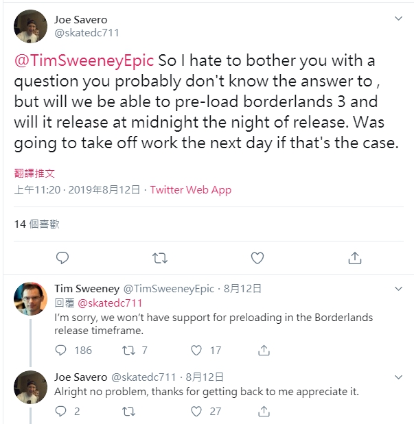 Epci Games的首席執行官Tim Sweeney表示,Epic並不支援預先下載服務,引發網友撻伐。 圖:翻攝自 推特 Epci Games的首席執行官Tim Sweeney表示,Epic並不支援預先下載服務,引發網友撻伐。 圖:翻攝自 推特