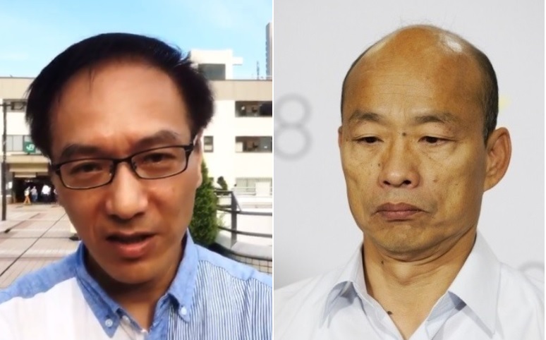 日前高雄市長韓國瑜(右)至桃園進行參香之旅,遭一名旅日中國人(左)比「倒讚」嗆聲。 圖:新頭殼合成 日前高雄市長韓國瑜(右)至桃園進行參香之旅,遭一名旅日中國人(左)比「倒讚」嗆聲。 圖:新頭殼合成