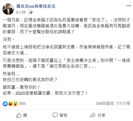 羅友志指出,國民黨這陣子頻繁地鬧新聞,讓蔡英文的民調逆轉,應該連蔡自己也覺得莫名其妙吧。 圖:翻攝自羅友志臉書 羅友志指出,國民黨這陣子頻繁地鬧新聞,讓蔡英文的民調逆轉,應該連蔡自己也覺得莫名其妙吧。 圖:翻攝自羅友志臉書