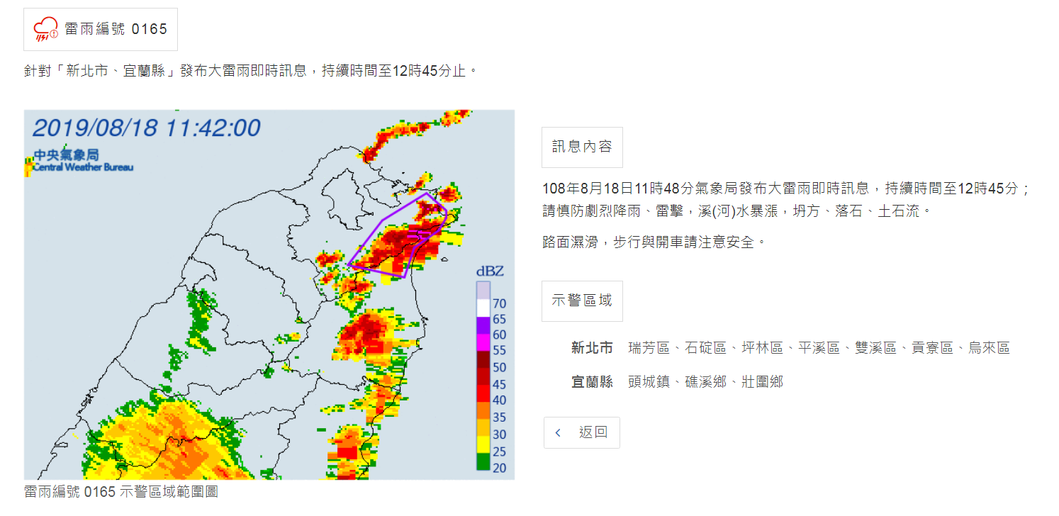 氣象局針對新北市7區和宜蘭縣3鄉鎮發佈大雷雨即時訊息。 圖:氣象局/提供 氣象局針對新北市7區和宜蘭縣3鄉鎮發佈大雷雨即時訊息。 圖:氣象局/提供