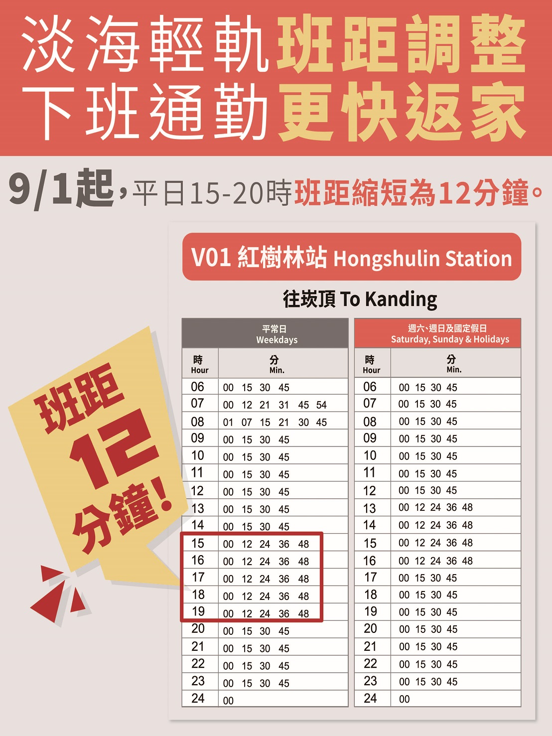 淡海輕軌9月1日起紅樹林時刻表。 圖:新北捷運公司提供 淡海輕軌9月1日起紅樹林時刻表。 圖:新北捷運公司提供