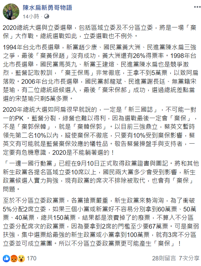 阿扁在臉書上分析2020年選情,他認為總統大選與立委選舉,將是一場「棄保」大作戰。 圖:翻攝自陳水扁新勇哥物語臉書 阿扁在臉書上分析2020年選情,他認為總統大選與立委選舉,將是一場「棄保」大作戰。 圖:翻攝自陳水扁新勇哥物語臉書