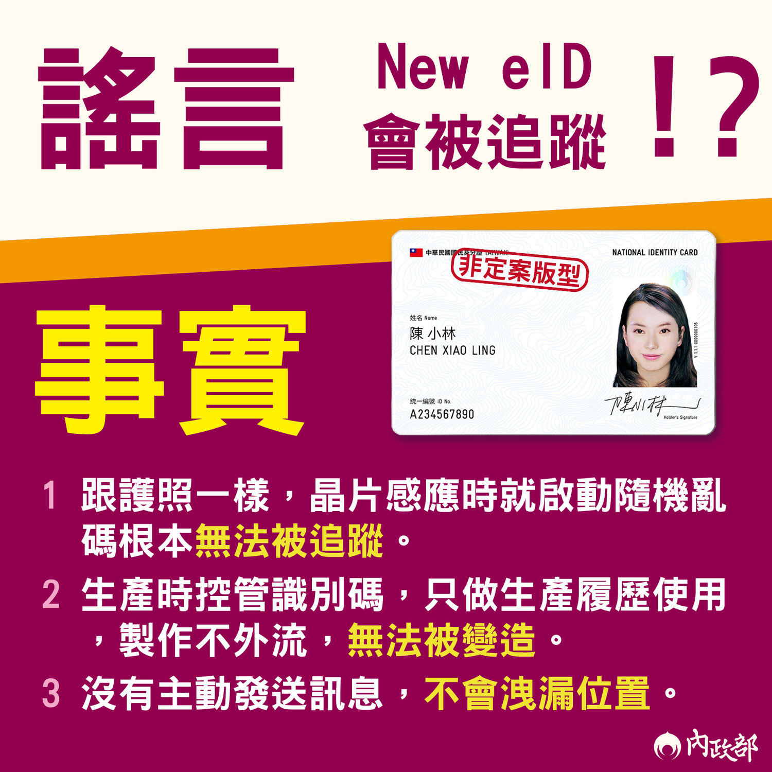 雨政部澄清,未來New eID不會主動發送訊號、不會洩漏位置、不會蒐集民眾使用軌跡,晶片寫入個人化資料後,即啟動亂數序號機制,根本無法追蹤。 圖:內政部提供 雨政部澄清,未來New eID不會主動發送訊號、不會洩漏位置、不會蒐集民眾使用軌跡,晶片寫入個人化資料後,即啟動亂數序號機制,根本無法追蹤。 圖:內政部提供